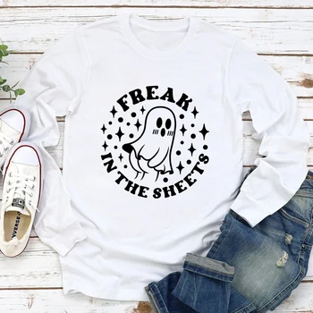 Футболка Freak In The Sheets, футболка с праздником Хэллоуина, забавная женская футболка с длинным рукавом для осенней вечеринки с призрачным подарком, топ-рубашка