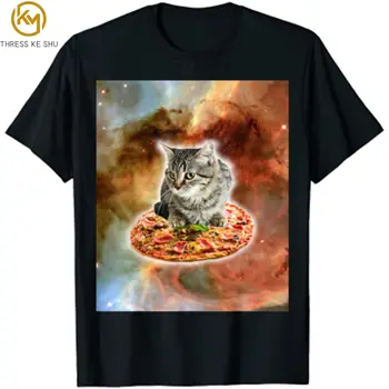 Футболка Galaxy Kitty Cat С пиццей в космосе, футболки с графическим рисунком, Мужская одежда, одежда с аниме, Винтажная футболка из хлопка Four Seasons