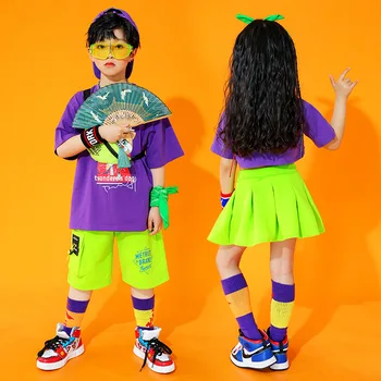 Футболка с героями мультфильмов в стиле хип-хоп для мальчиков, шорты для уличных танцев, милый укороченный топ для девочек, однотонная юбка, Комплекты детской летней одежды, Детские джазовые костюмы