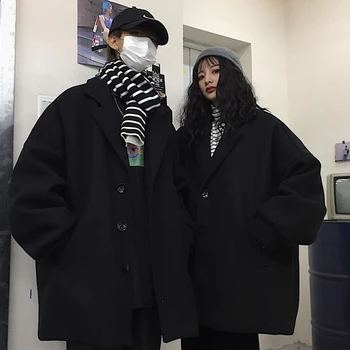 Хлопковое плотное пальто, студенческая одежда для хай-Стрит, осень-зима, Корейские Свободные Мужские Женские костюмы Harajuku, Длинное Черное Шерстяное пальто в стиле ретро