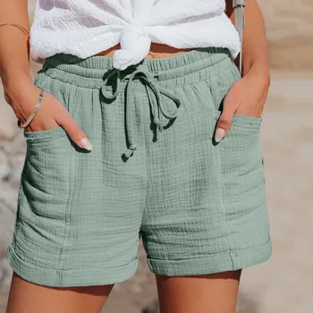 Хлопок строка, женские короткие летние широкие брюки спортивные брюки Прямые с высокой талией свободные шнурок марафон Бермудские острова сплошной Cuecas
