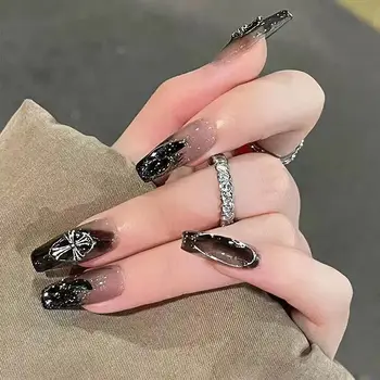 Черная квадратная накладка на ногти с 3D крестообразным рисунком - полное покрытие акриловых накладных ногтей для женщин и девочек, съемный длинный накладной ноготь