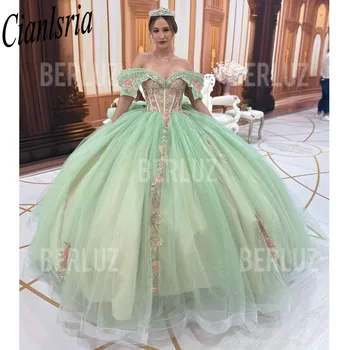 Шалфейно-Зеленое Сексуальное Пышное Платье Sweet 15 2024 С Открытыми Плечами, Кружевные Аппликации, Vestidos De 15 Anos, Бальное Платье