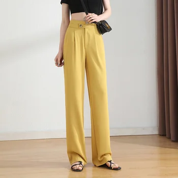 Широкие брюки Ice Silk Женские летние тонкие брюки в западном стиле с эластичным поясом 2023, повседневные желтые брюки в пол 21055