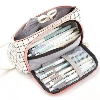 Школьная ручка, сумка для карандашей, пенал, Стационарная сумка для хранения ручек, Многослойная косметичка для путешествий большой емкости, простая клетчатая ткань