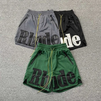 Шорты RHUDE С логотипом на шнурке 1: 1 из сетчатой ткани, Брюки в стиле пэчворк, Дышащие Высококачественные Пляжные Мужские Женские