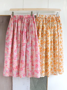 Эластичный пояс 60-100 см/Весенне-летние женские юбки в японском стиле Sweet Mori Kei Girl с цветочным принтом, свободные удобные льняные юбки