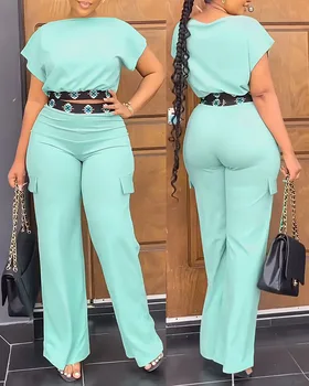 Элегантные женские комплекты, короткий топ с геометрическим принтом и карманами, широкие брюки, Офисный женский комплект