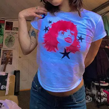 эстетическая футболка Grunge star girl y2k, Винтажная футболка Harajuku, футболка с коротким рукавом, Уличная женская одежда, детская футболка, укороченный топ