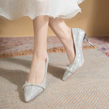2023 Туфли на высоком каблуке с блестящим жемчугом - Серебристые/золотые Туфли на тонком каблуке, без застежки, с острым носком, идеально подходящие для женской свадебной обуви