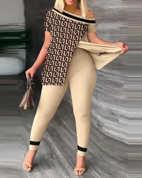 CINESSD Лето 2023, горячая распродажа, женская повседневная одежда с рисунком на плечах, разрез по низу, брюки с коротким рукавом, костюм